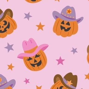 Halloween Cowboy and Cowgirl Jack-o-lanterns on Dusty Pink (lg)