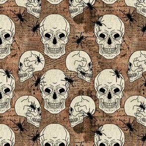 Small 6” repeat hand drawn Halloween dark academia skulls on mixed media vintage historical bookpaper and handwriting with faux burlap woven texture on dark tan brown