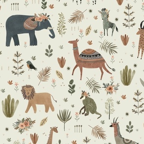 African Adventure - Jungle animals with florals crowns and floral background in beige Large - safari wallpaper - kids room decor