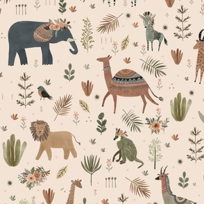 African Adventure - Jungle animals with florals crowns and floral background in taupe Large - safari wallpaper - kids room decor