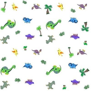 Dinosaurs scattered on white - small scale print - (green, blue, yellow, orange, purple, lavender, gray dinosaurs)