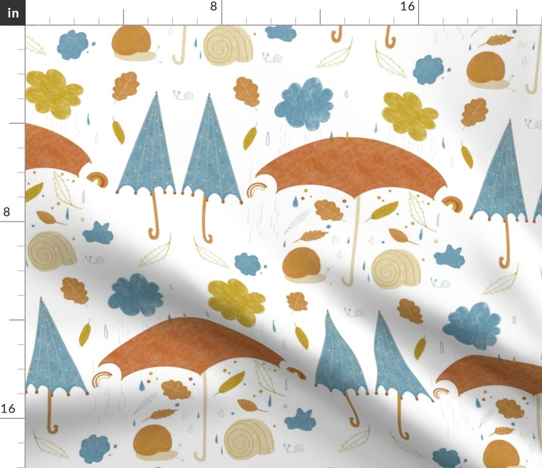 Medium Earthy Boho Autumn Rain Half drop with Snails, Rainbows, Clouds and Umbrellas in ochre yellow, brown, and blue