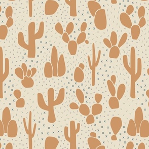 Desert Cactus in Warm Orange on Soft Tan - Medium Scale