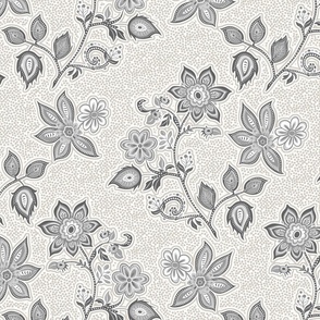 Jacobean Blossoms Damask – Dk.Charcoal/Gray w/Gray Dots on White 