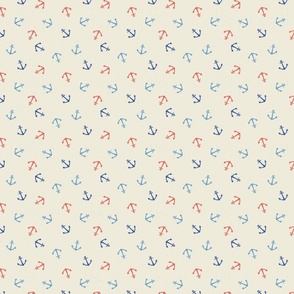 S. Anchor Toss, Navy Blue, Coral red and sky blue Anchors on cream white nautical coastal, small scale