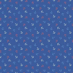S. Anchor Toss, Cream white, coral red and sky blue Anchors on Navy Blue nautical coastal, small scale