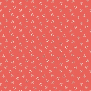 S. Anchor Toss, Cream white Anchors on Coral Red nautical coastal, small scale
