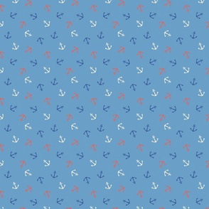 S. Anchor Toss, Cream white, coral red and navy blue Anchors on Sky Blue nautical coastal, small scale