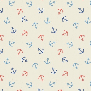 M. Anchor Toss, Navy Blue, Coral red and sky blue Anchors on cream white nautical coastal, medium scale
