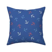 M. Anchor Toss, Cream white, coral red and sky blue Anchors on Navy Blue nautical coastal, medium scale