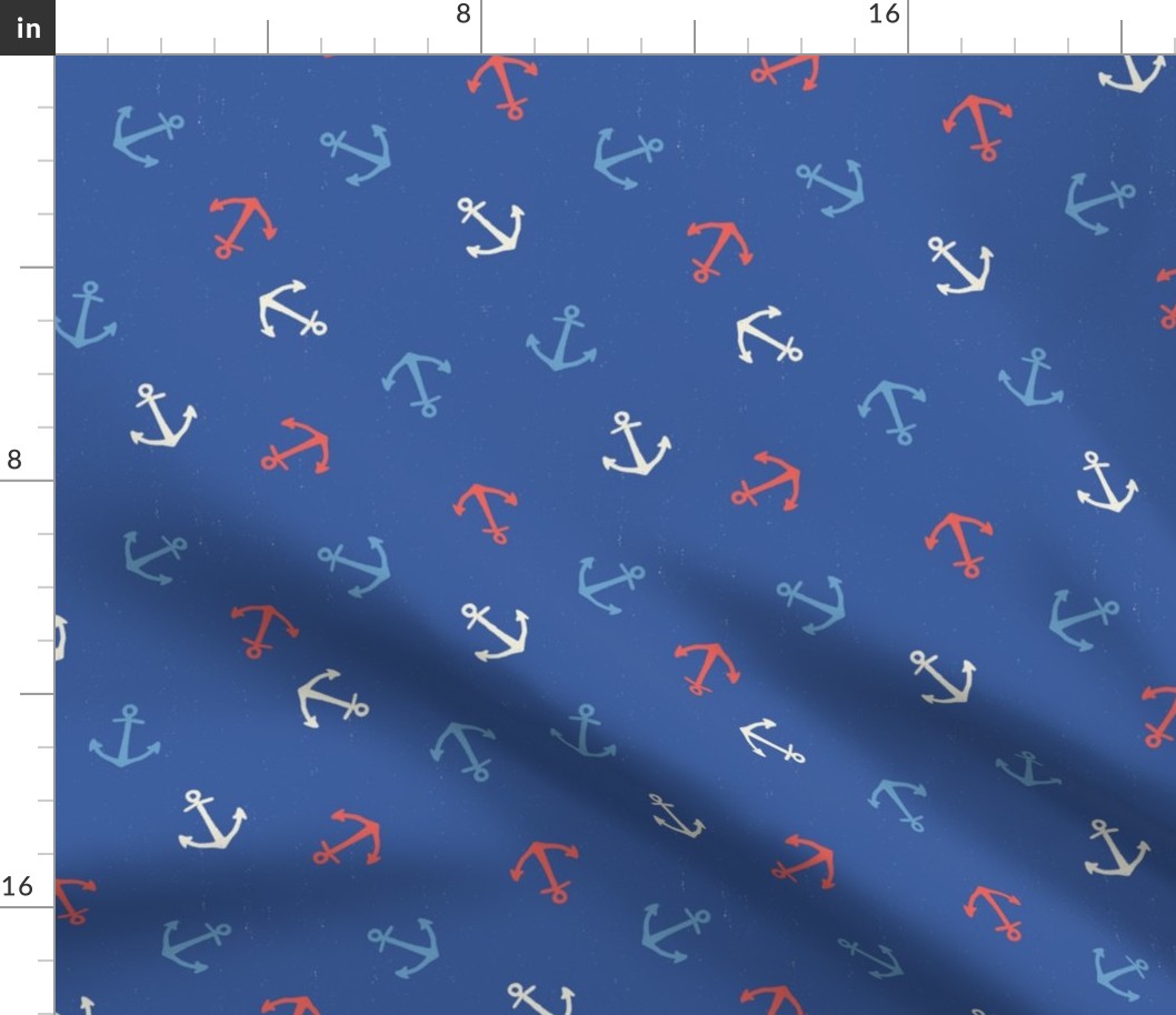M. Anchor Toss, Cream white, coral red and sky blue Anchors on Navy Blue nautical coastal, medium scale