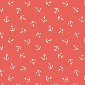 M. Anchor Toss, Cream white Anchors on Coral Red nautical coastal, medium scale