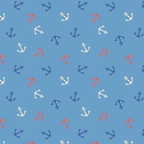 M. Anchor Toss, Cream white, coral red and navy blue Anchors on Sky Blue nautical coastal, medium scale