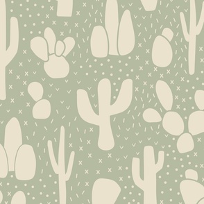 Desert Cactus in Warm Eggshell White on Soft Green - Large Scale