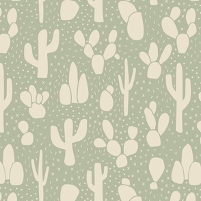 Desert Cactus in Warm Eggshell White on Soft Green - Medium Scale