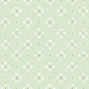Simone: Light Mossy Green Tiled Floral, Small Scale Diagonal Botanical Grid