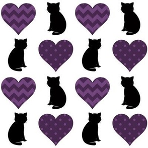 Black Cat Love Hearts Purple