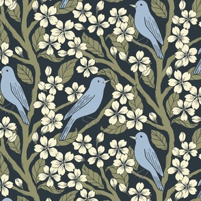 Apple Tree Blossom and Songbirds Chinoiserie in Blue and Green