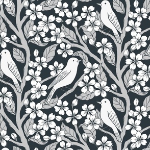 Apple Tree Blossom and Songbirds Chinoiserie in Black and White