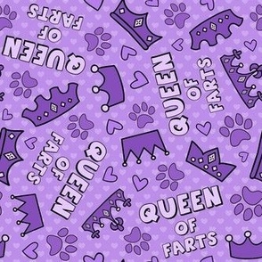 Large Scale Queen of Farts Funny Sarcastic Dog Paw Prints and Tiara Crowns on Purple