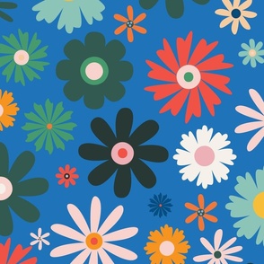 Large - bright colorful busy modern floral design in blue  with red, yellow, green and white