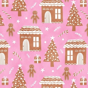 Cute Gingerbread House, Christmas Pattern, Pink Christmas, Holiday Pattern, Pink Holiday Pattern, Festive Pattern