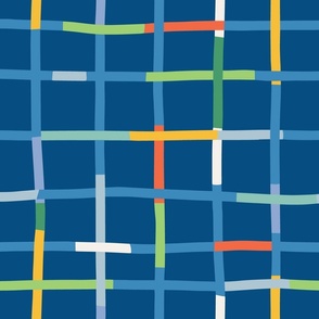 Large - Multi-colored abstract modern check in Blue with red, yellow and green, wallpaper and duvet covers