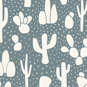 Desert Cactus in White on Dark Blue Grey - Large Scale