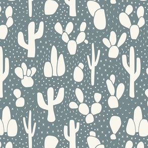 Desert Cactus in White on Dark Blue Grey - Medium Scale