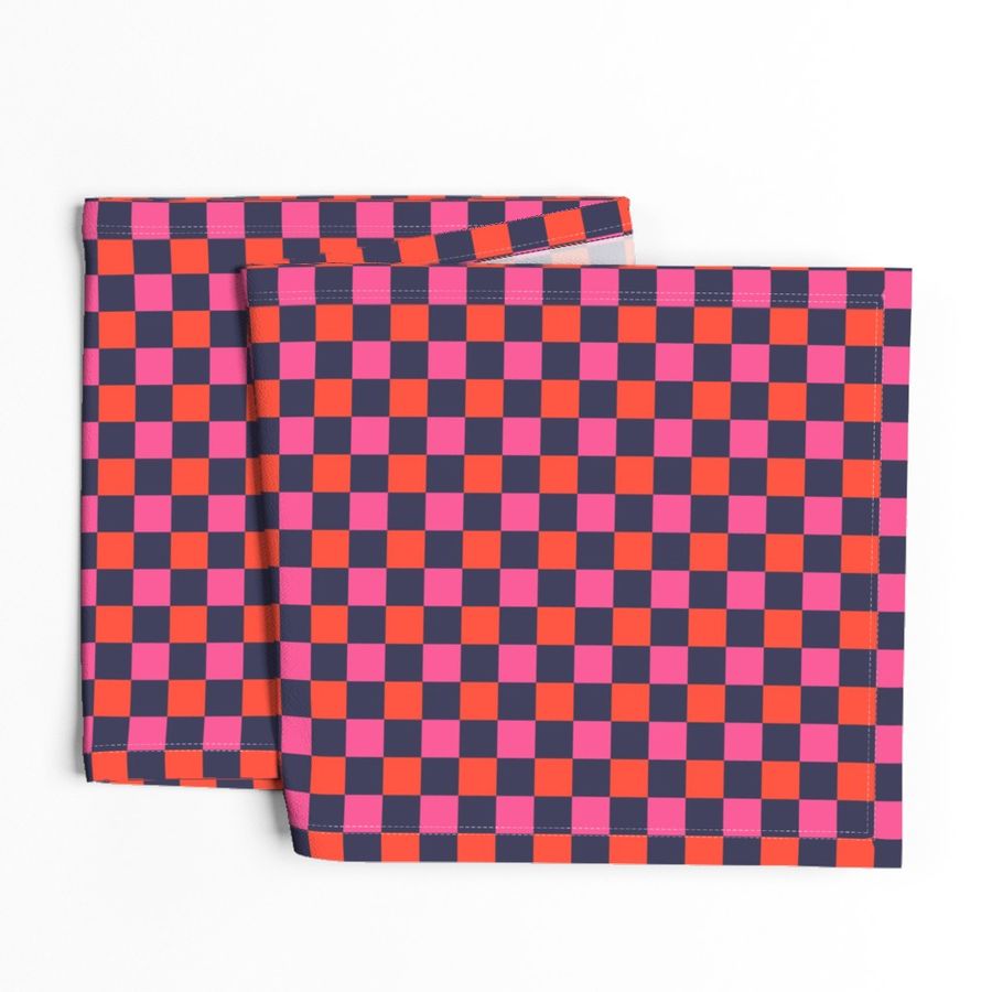 Small scale / Bright red and pink 1 inch checkerboard squares on dark navy blue / Vintage 60s geometric kitchen tiles / fun 70s picnic checks box grid in hot rose fuchsia jewel crimson scarlet warm deep blue black blender