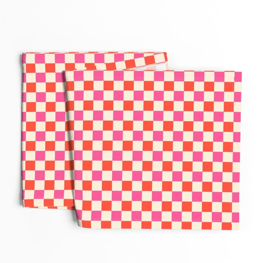 Small scale / Bright red and pink 1 inch checkerboard squares on cream / Vintage 60s geometric kitchen tiles / fun 70s picnic checks box grid in hot rose fuchsia jewel crimson scarlet warm off white light beige ivory blender