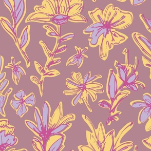 (L) Hand-Drawn  Bold Pink and Yellow Floral Pattern on Dark Pink Background Modern Botanical Design