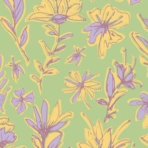 (L) Hand-Drawn Bold Pink and Yellow Floral Pattern on Vibrant Green Background Modern Botanical Design