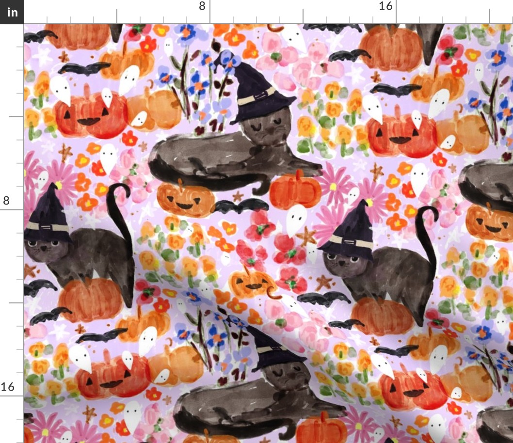 Pumpkin Keeper -  Black Cat Cottagecore Halloween, Autumn Floral, Pumpkin, Bats, Ghosts Orange And Purple