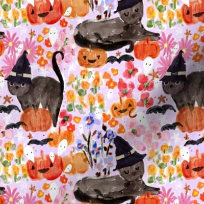 Pumpkin Keeper - 6in Black Cat Cottagecore Halloween, Autumn Floral, Pumpkin, Bats, Ghosts Orange And Purple