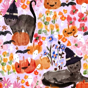 Pumpkin Keeper - JUMBO Black Cat Cottagecore Halloween, Autumn Floral, Pumpkin, Bats, Ghosts Orange And Purple