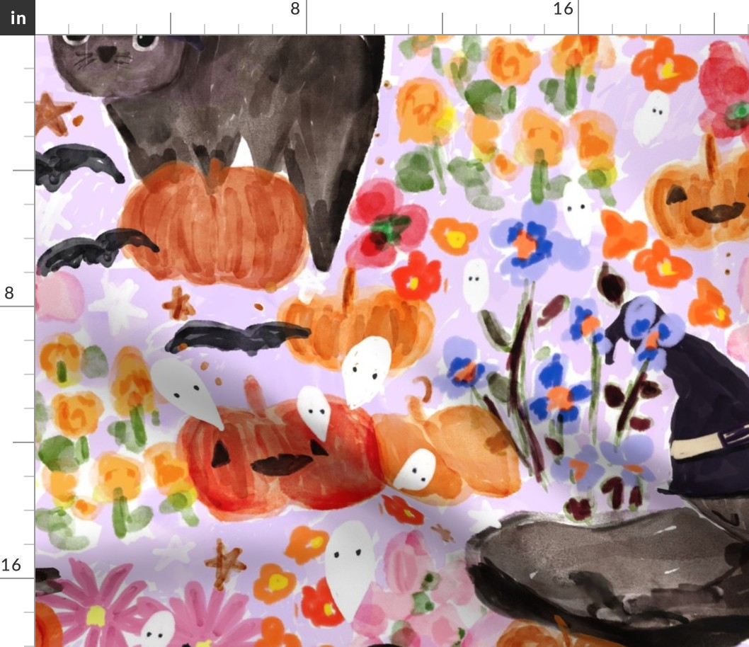 Pumpkin Keeper - JUMBO Black Cat Cottagecore Halloween, Autumn Floral, Pumpkin, Bats, Ghosts Orange And Purple