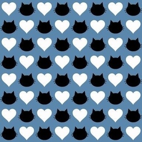 Tiny Cats and Hearts on Dusty Blue