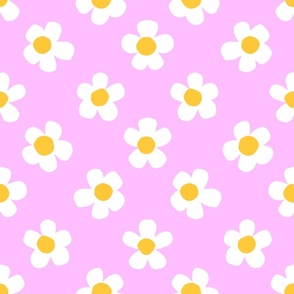 Little White Daisy Flowers White Blooms On Pastel Pink With Bright Orange-y Yellow Accents Retro Modern Pretty Scandi Farmhouse Meadow Blossoms Vintage Floral Repeat Pattern