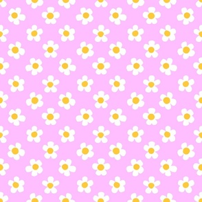 Little White Daisy Flowers Mini White Blooms On Pastel Pink With Bright Orange-y Yellow Accents Retro Modern Pretty Scandi Farmhouse Meadow Blossoms Vintage Floral Repeat Pattern