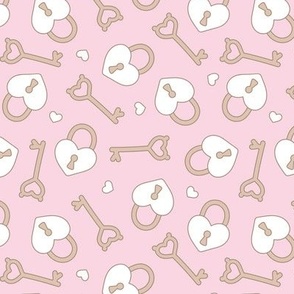 Valentine locks keys and hearts - Heart shaped padlocks retro groovy love design with keys white beige on pink