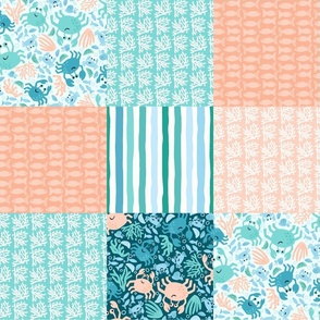 Under The Sea Crabe Cheater Quilt 6in Squares Whole Cloth Patchwork DIY Quilt Teal, White and Peach