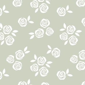 Ditsy flowers valentine' day - Rose blossom garden vintage summer flowers design white on sage green 