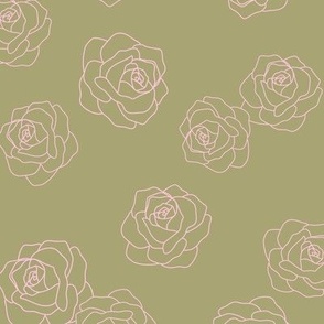 Minimalist romantic summer roses outline freehand valentine design pink on soft olive green