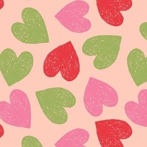 Retro Style boho hearts - valentine love design green red pink on blush