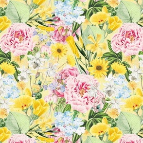 Moody Maximalism: Enchanting Spring and Summer Romance with Vintage Florals, Peonies, Columbines  Nostalgic Blue Wildflowers, Antiqued Garden, and Victorian Mystic -Inspired Powder Room Wallpaper yellow double layer