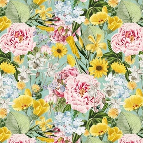 Moody Maximalism: Enchanting Spring and Summer Romance with Vintage Florals, Peonies, Columbines  Nostalgic Blue Wildflowers, Antiqued Garden, and Victorian Mystic -Inspired Powder Room Wallpaper turquoise double layer