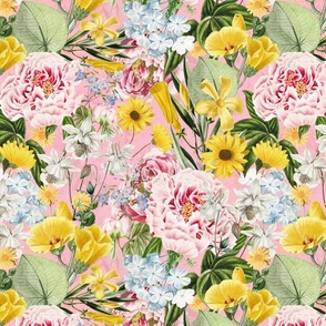 Moody Maximalism: Enchanting Spring and Summer Romance with Vintage Florals, Peonies, Columbines  Nostalgic Blue Wildflowers, Antiqued Garden, and Victorian Mystic -Inspired Powder Room Wallpaper pink double layer