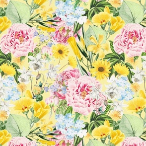 Moody Maximalism: Enchanting Spring and Summer Romance with Vintage Florals, Peonies, Columbines  Nostalgic Blue Wildflowers, Antiqued Garden, and Victorian Mystic -Inspired Powder Room Wallpaper yellow
