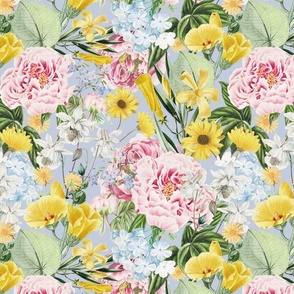 Moody Maximalism: Enchanting Spring and Summer Romance with Vintage Florals, Peonies, Columbines  Nostalgic Blue Wildflowers, Antiqued Garden, and Victorian Mystic -Inspired Powder Room Wallpaper blue